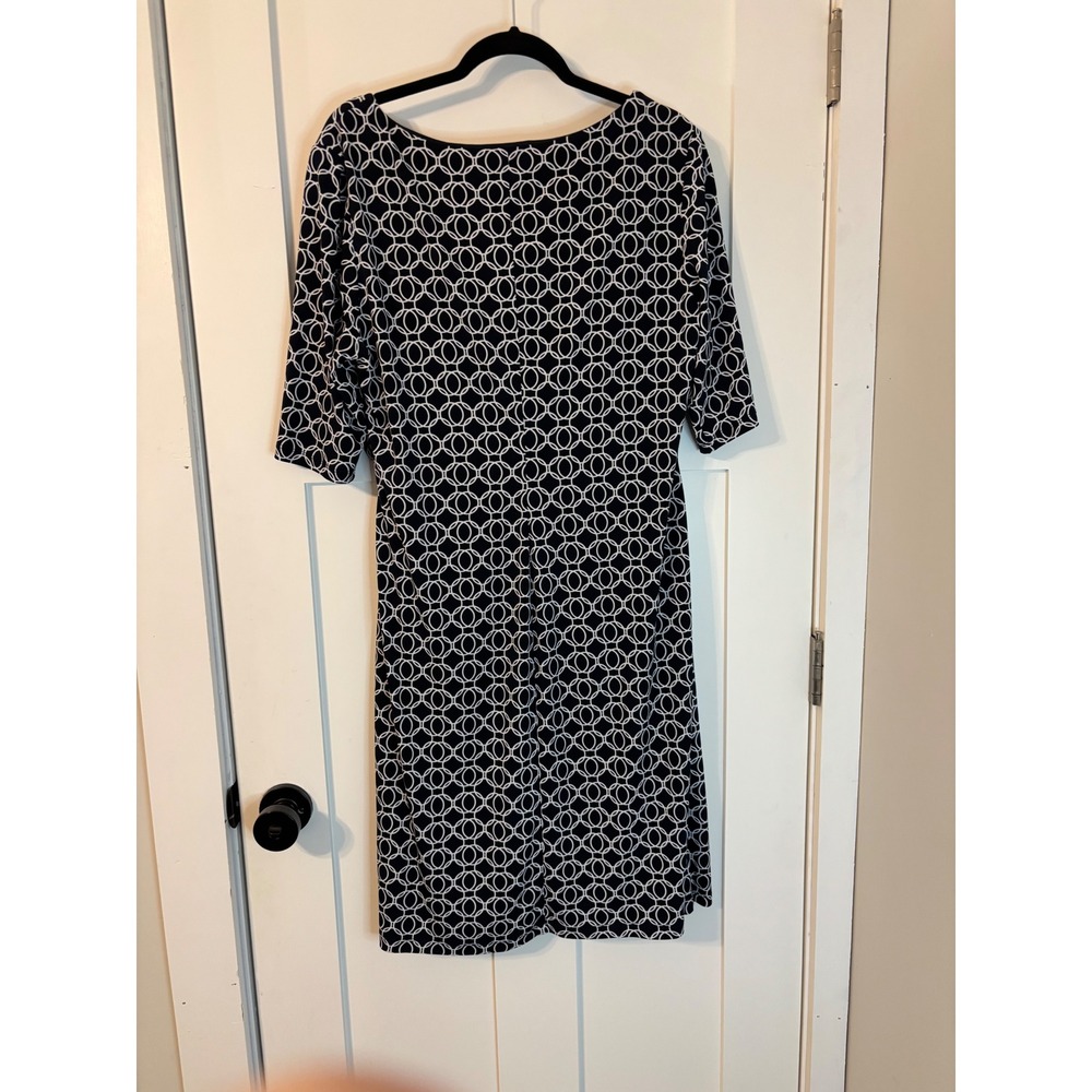 Navy White Geometric Circle Print Ruched Sheath Dress SZ 16 cottage milkmaid